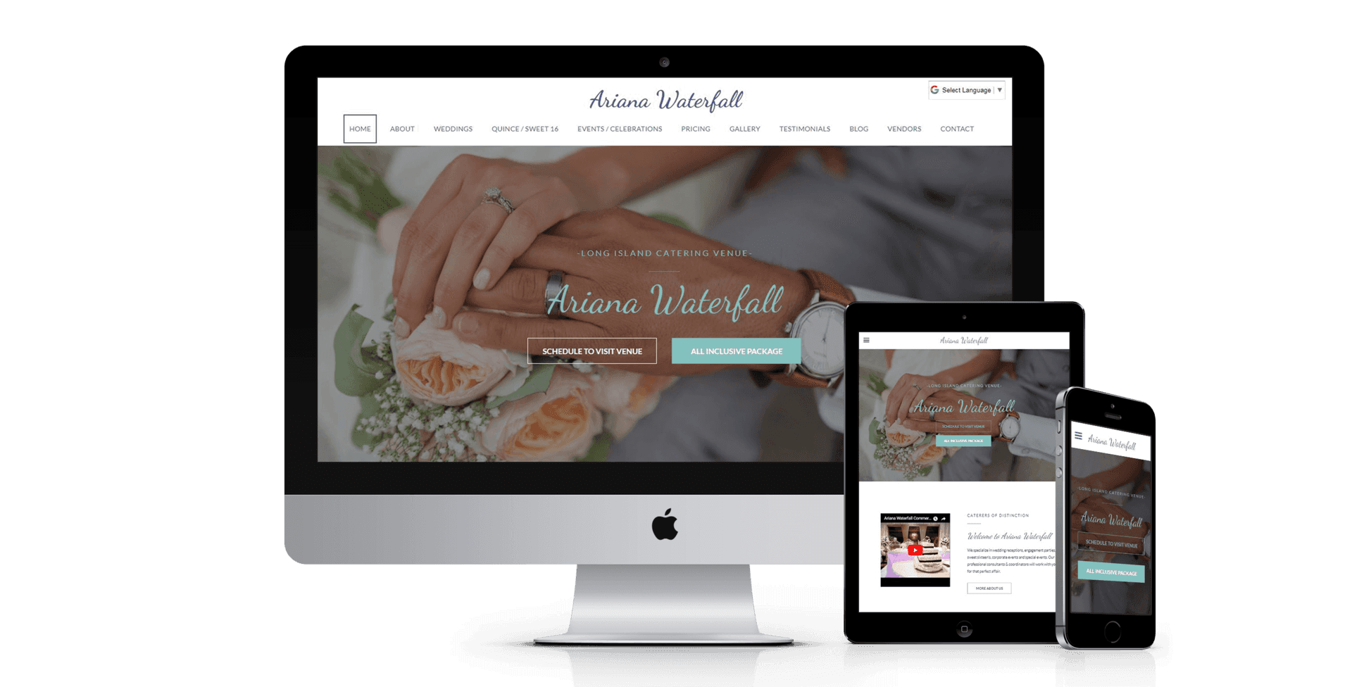 Website displaying on three devices: desktop, tablet, and phone. Featuring a hand holding a bouquet of flowers, and a ring.