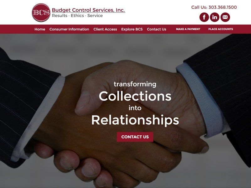 Website homepage for Budget Control Services, Inc. featuring two hands shaking with 