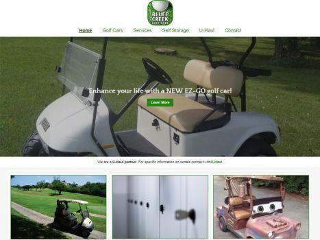 White EZ-GO golf cart on grass, with text 