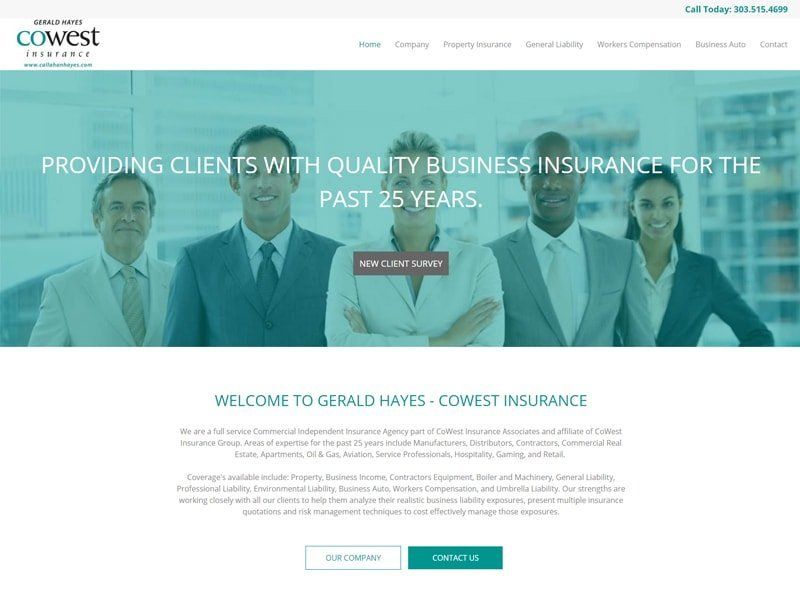 Website homepage for Cowest Insurance. Includes text and images of professionals in suits.