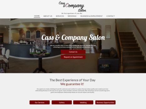 Cass & Company Salon website with salon interior, stairs, and call to action buttons for contact and appointments.