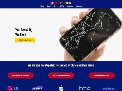 Website for Cell Block phone repair, with a cracked phone screen.