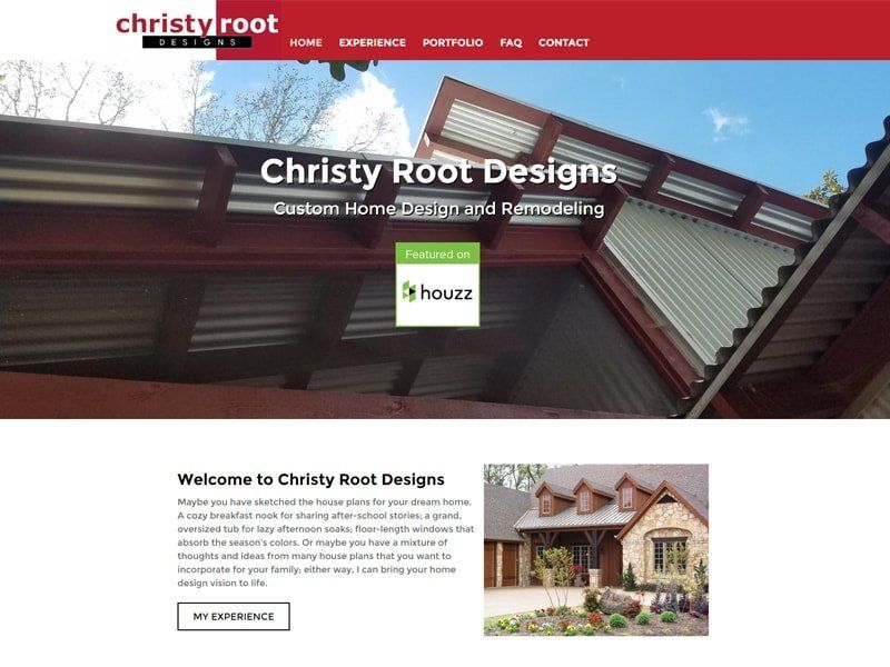 Christy Root Designs website, header with rooftop, logo, and navigation bar.
