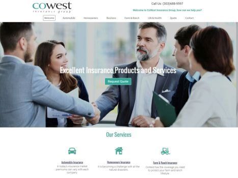 Cowest insurance website: People in suits shaking hands; website header and service icons below.