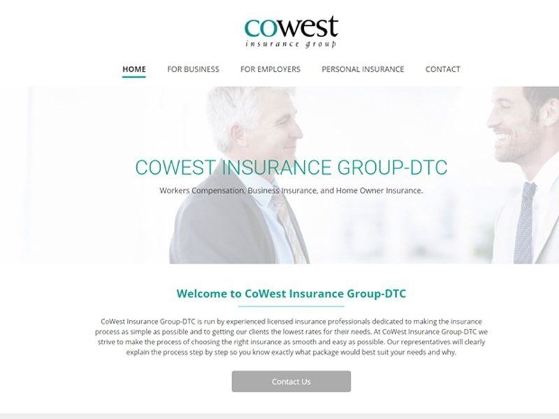 Cowest Insurance Group website homepage with menu and blurred people in suits.