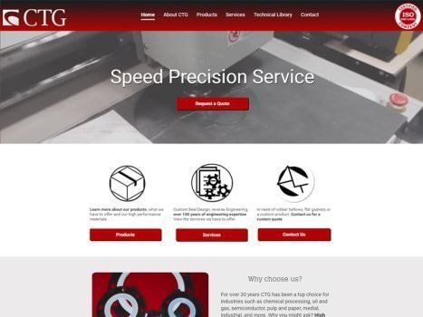 CTG website homepage with a machine, red accents, and product icons.