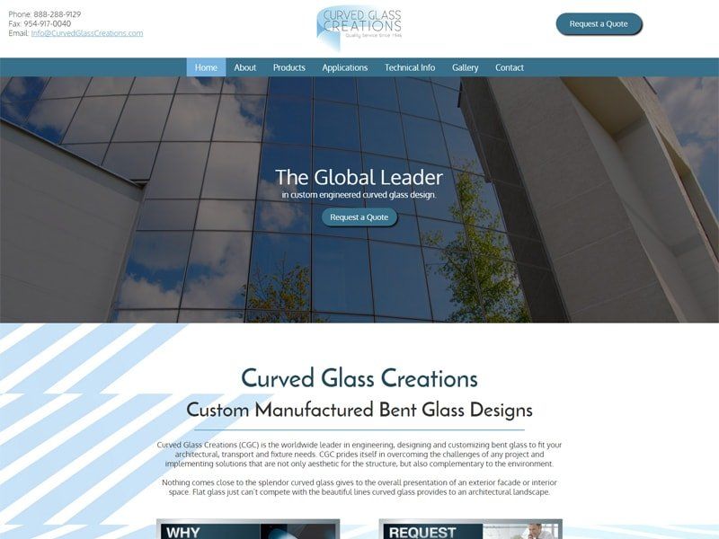Website homepage for Curved Glass Creations, showing a glass building and header navigation.