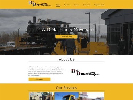 Website homepage of D & D Machinery Movers Inc., yellow and white design with machinery on flatbed truck.
