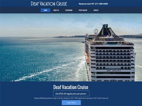 Deaf Vacation Cruise website, ocean view of a cruise ship.