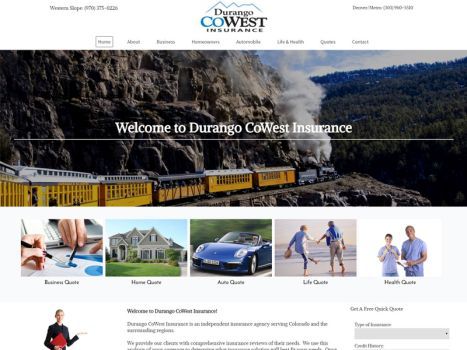 Durango CoWest Insurance website homepage with train, rock formation, and insurance service icons.