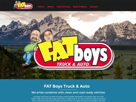 Website for Fat Boys Truck & Auto, logo with cartoon men and text.
