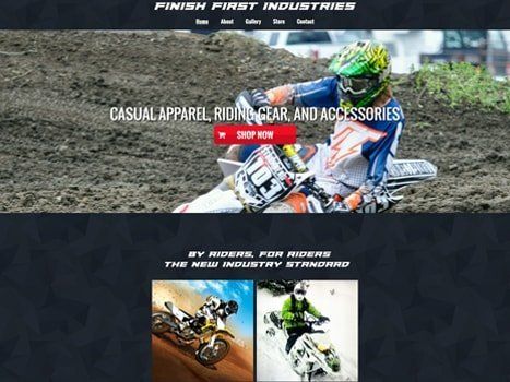 Website homepage for Finish First Industries, selling casual apparel and riding gear. Displays motocross riders and a shop now button.