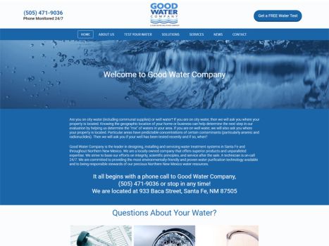 Website for Good Water Company, with blue and white color scheme. Water imagery and contact info.