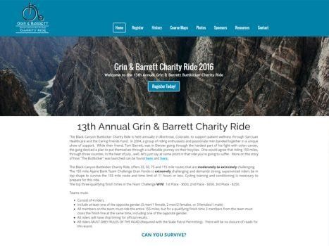 Website for the 13th Annual Grim & Barrett Charity Ride 2016, with a background photo of a canyon.