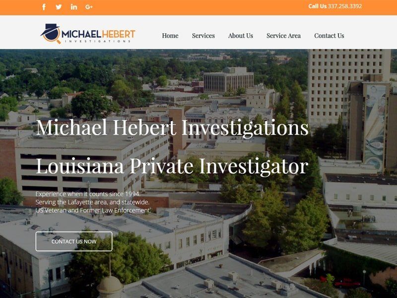 Website for Michael Hebert Investigations, Louisiana private investigator, with a city view background.