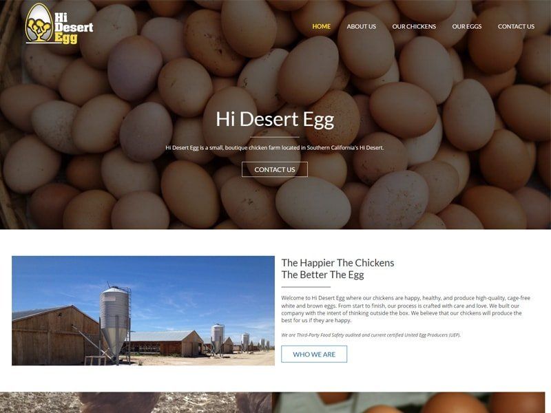 Hi Desert Egg website homepage with eggs, farm buildings, and text.