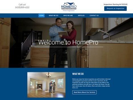 HomePro website with a couple looking at a tablet in a home; blue and white color scheme.