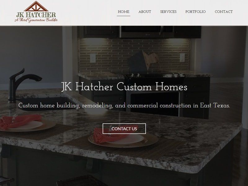 Website for JK Hatcher Custom Homes, featuring a kitchen interior and a contact button.