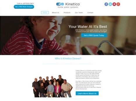 Kinetico water systems website: Girl smiles while drinking water.  A team of people are at the bottom.
