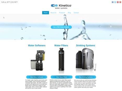 Website homepage for Kinetico water systems, featuring water softener, filter, and drinking system options.