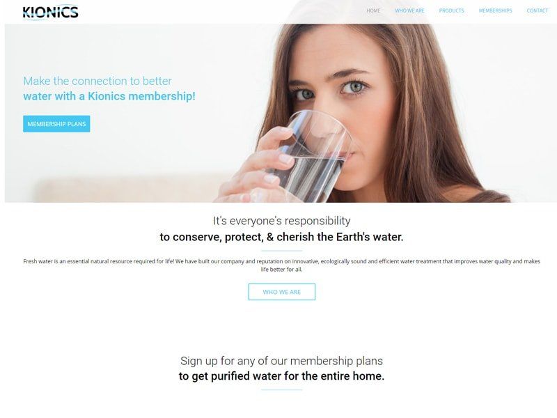 Woman drinking water from a glass; Kionics website promoting purified water and membership plans.