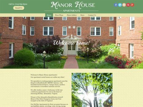 Manor House Apartments website homepage. Exterior view of a brick building with landscaped grounds.