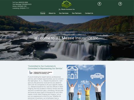 Website homepage for J.L. Massie Insurance, with a river landscape, logo, and family graphic.