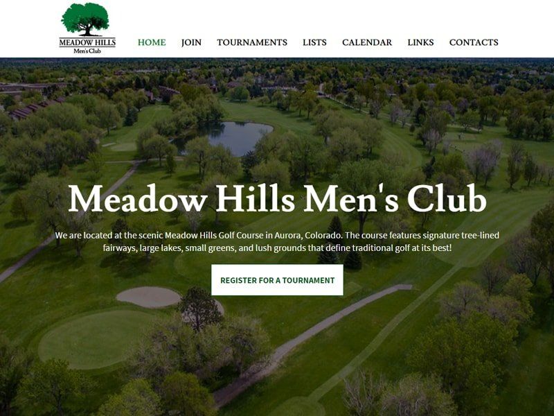 Meadow Hills Men's Club website homepage with aerial view of golf course.