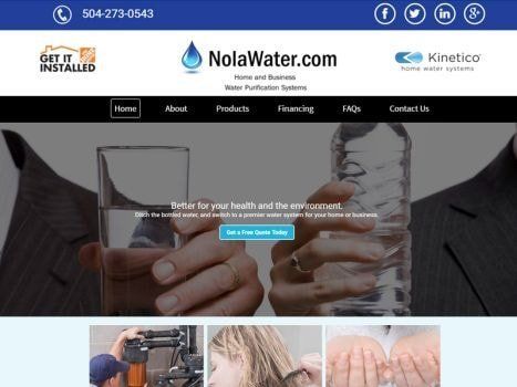 NolaWater.com website, home water purification systems. Hands holding glass and water bottle.