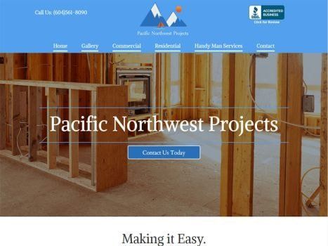 Website header for Pacific Northwest Projects with construction framing in background.
