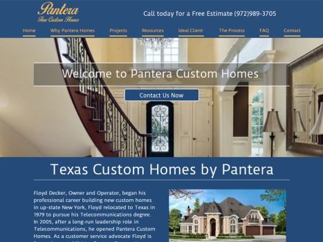 Website for Pantera Custom Homes, a Texas home builder, featuring a photo of a home.