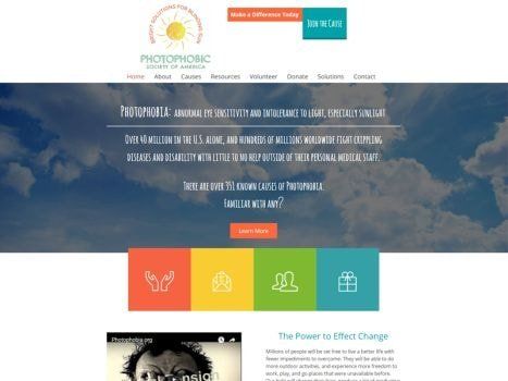 Website homepage with logo, navigation, and call to action buttons, set against a sky background.
