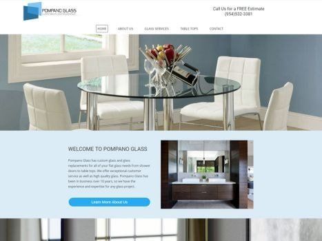 Website homepage for Pompano Glass: glass table and shower images.