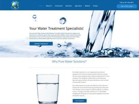 Website promoting water treatment services; water pouring, glass of water.