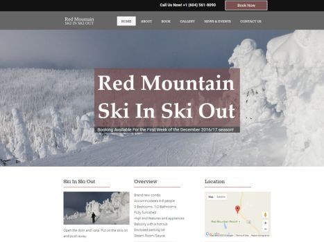 Red Mountain Ski In Ski Out website. Snowy mountain scene with text overlay and navigation menu.