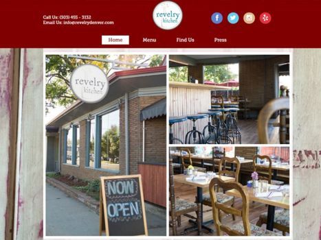 Revelry Kitchen restaurant exterior and interior with open sign.