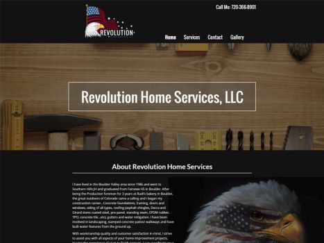 Website homepage for Revolution Home Services, with logo of an eagle and American flag, plus navigation and services.