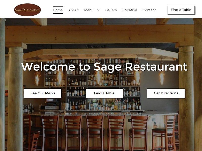 Sage Restaurant website homepage featuring the bar, seating, and navigation links.