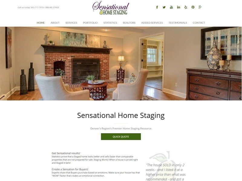 Sensational Home Staging website homepage with a staged living room and company logo.