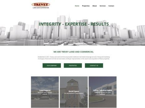 Trevey Land and Commercial website: Cityscape background with logo and service links.