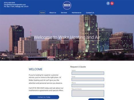 Website homepage of Wake Heating and Air, with cityscape background and contact form.