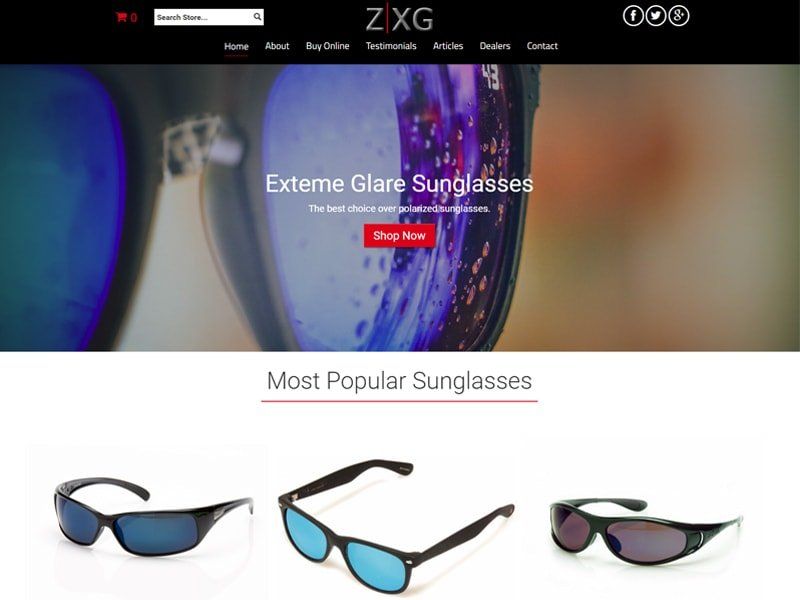 ZXG website homepage featuring sunglasses. Close-up of lens reflection with 