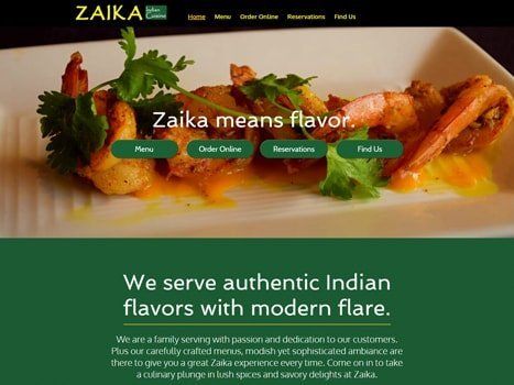 Website for Zaika restaurant, featuring shrimp dish with cilantro and buttons for menu, order online, reservations, and find us.
