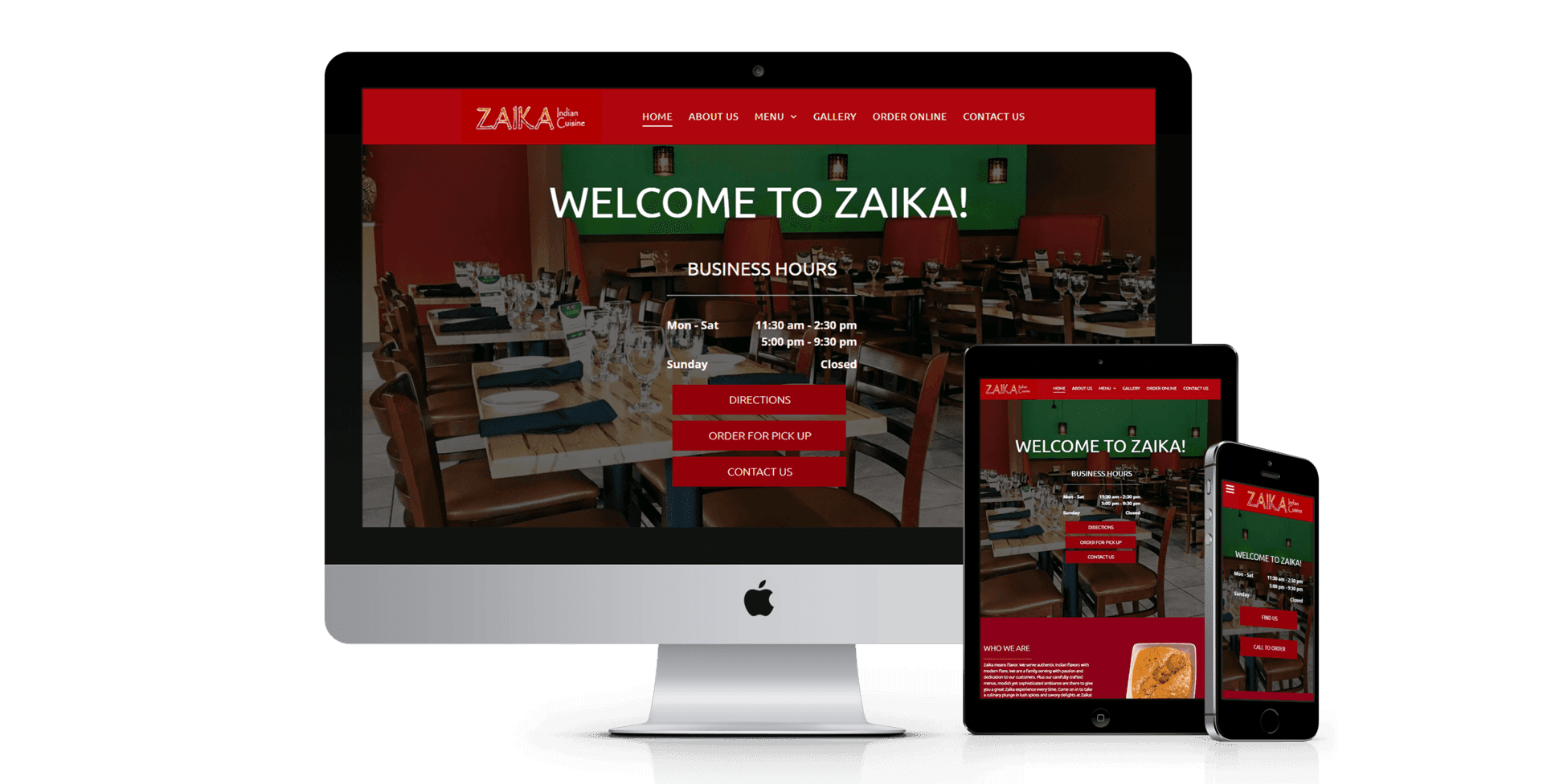 Zaikar restaurant website displayed on a desktop computer, tablet, and smartphone. Website uses red and green with a restaurant interior photo.