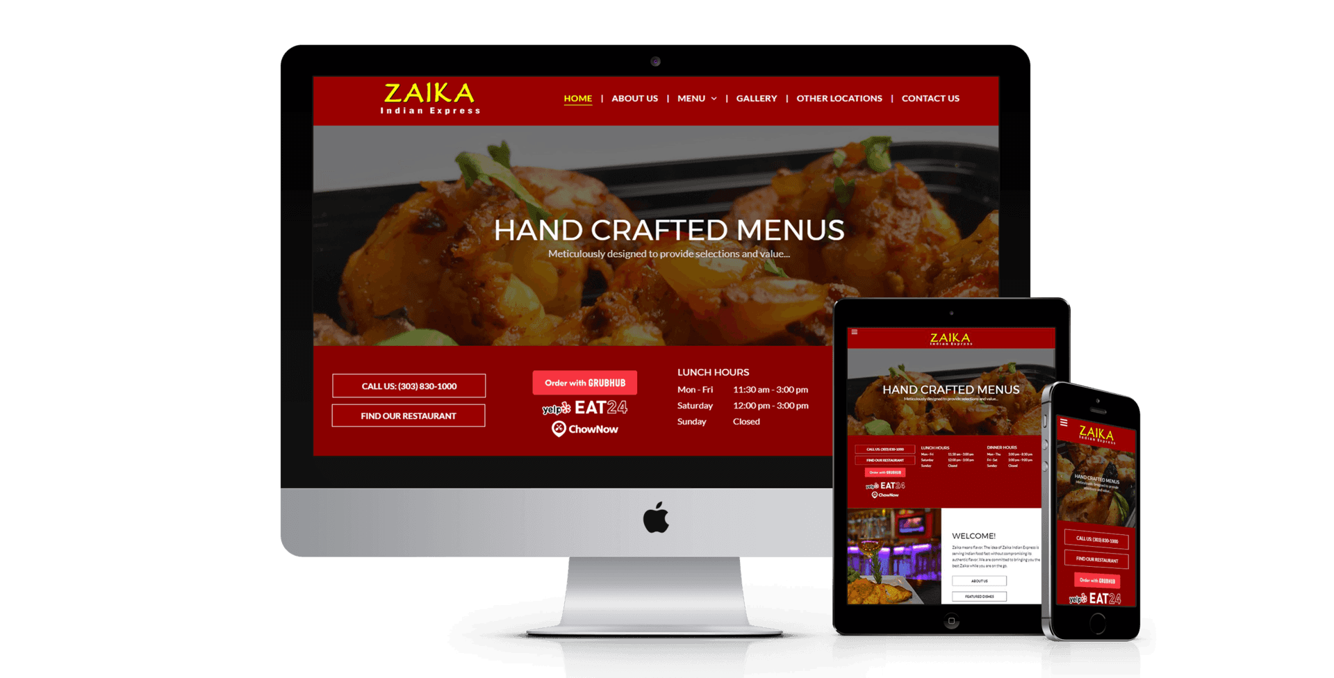 Zaba restaurant website displayed on a computer, tablet, and smartphone. Red and white theme.