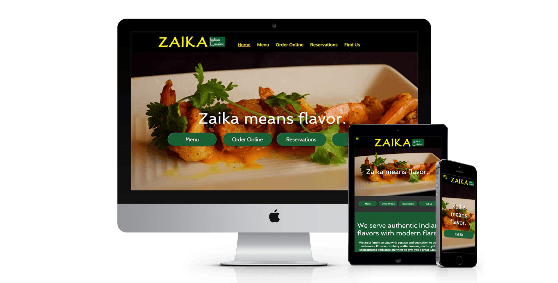 Zaika restaurant website on computer, tablet, and phone; food image with green text and color scheme.