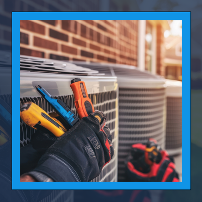 A person wearing gloves is working on an air conditioner.