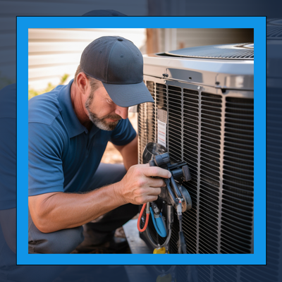 A man in a hat is working on an air conditioner