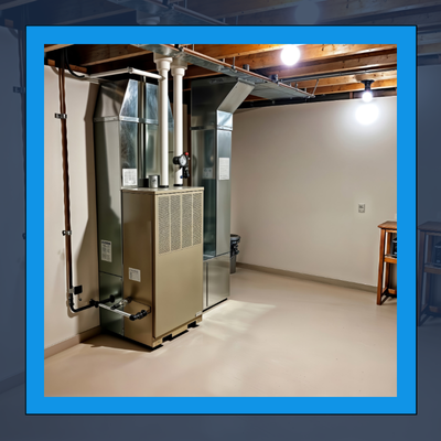 A picture of a basement with a heater in it