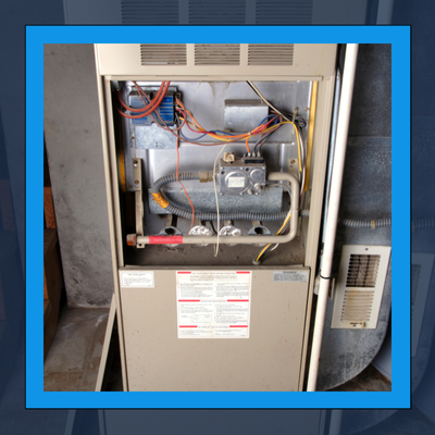 The inside of an air conditioner with a blue frame around it